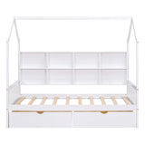 Wooden Twin Size House Bed with 2 Drawers,Kids Bed with Storage Shelf, White