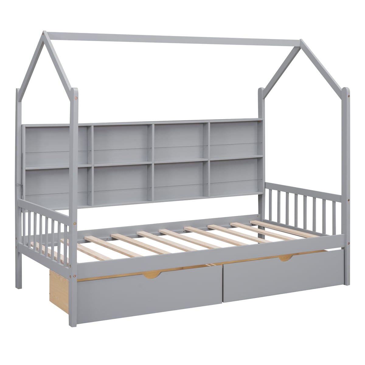 Wooden Twin Size House Bed with 2 Drawers,Kids Bed with Storage Shelf, White