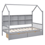 Wooden Twin Size House Bed with 2 Drawers,Kids Bed with Storage Shelf, White