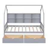Wooden Twin Size House Bed with 2 Drawers,Kids Bed with Storage Shelf, White