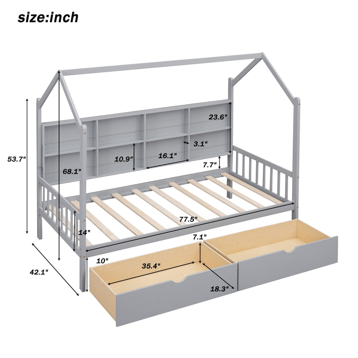 Wooden Twin Size House Bed with 2 Drawers,Kids Bed with Storage Shelf, White