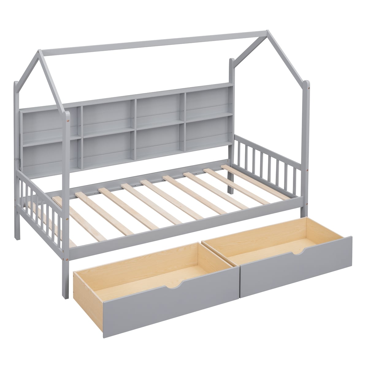 Wooden Twin Size House Bed with 2 Drawers,Kids Bed with Storage Shelf, White