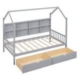 Wooden Twin Size House Bed with 2 Drawers,Kids Bed with Storage Shelf, White