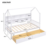 Wooden Twin Size House Bed with 2 Drawers,Kids Bed with Storage Shelf, White