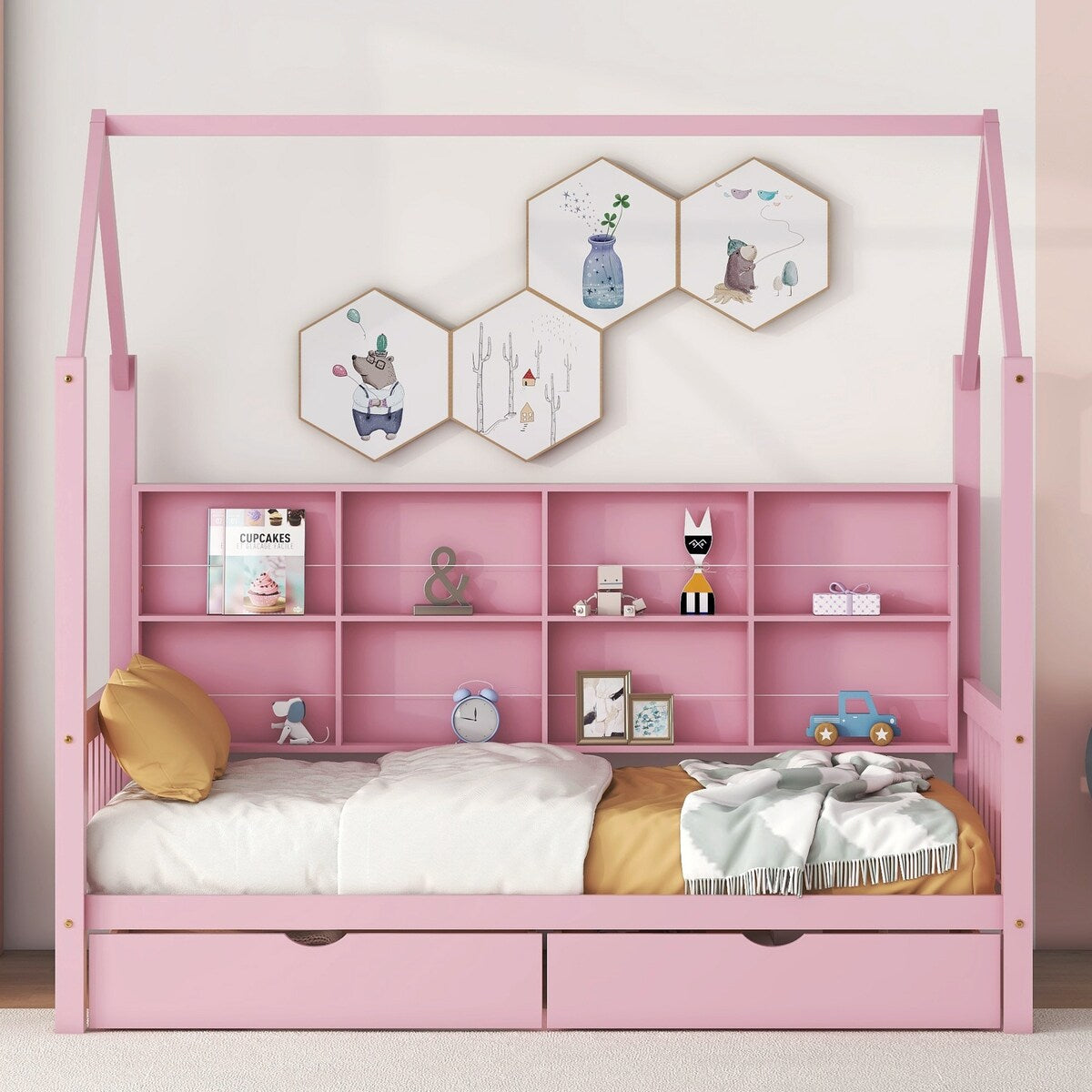 Wooden Twin Size House Bed with 2 Drawers,Kids Bed with Storage Shelf, White