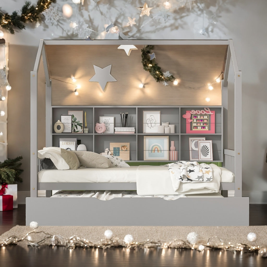 Wooden Twin Size House Bed with Trundle,Kids Bed with Shelf