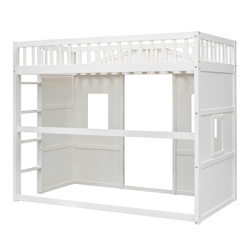 Wooden Twin Size House Shaped Loft Bed Frame with Ladder, White