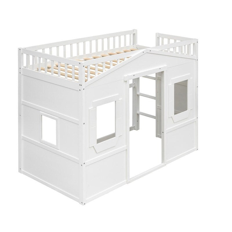 Wooden Twin Size House Shaped Loft Bed Frame with Ladder, White