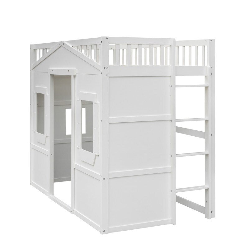 Wooden Twin Size House Shaped Loft Bed Frame with Ladder, White