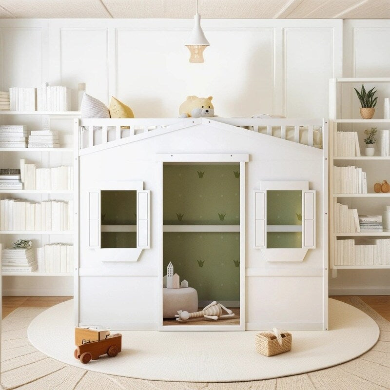 Wooden Twin Size House Shaped Loft Bed Frame with Ladder, White