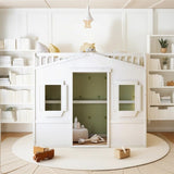 Wooden Twin Size House Shaped Loft Bed Frame with Ladder, White