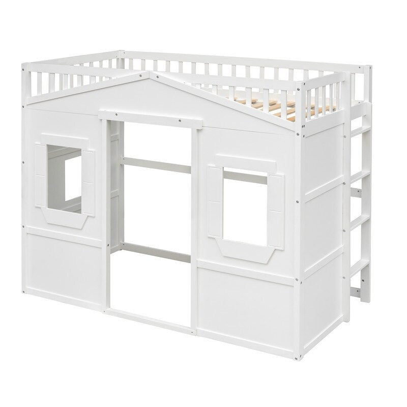 Wooden Twin Size House Shaped Loft Bed Frame with Ladder, White