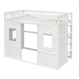 Wooden Twin Size House Shaped Loft Bed Frame with Ladder, White