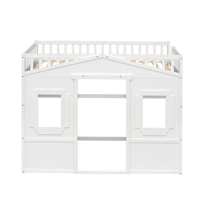 Wooden Twin Size House Shaped Loft Bed Frame with Ladder, White