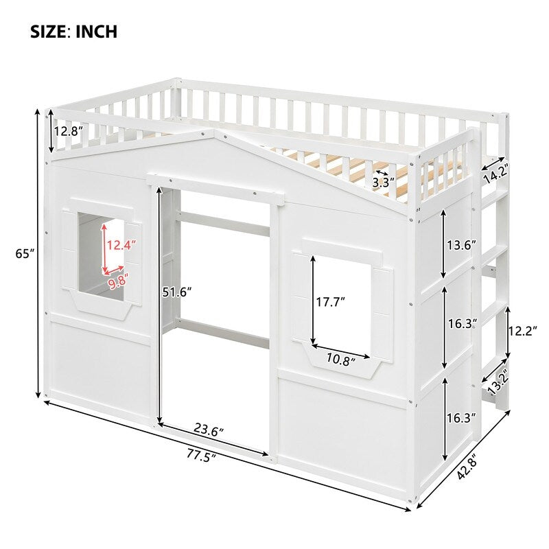 Wooden Twin Size House Shaped Loft Bed Frame with Ladder, White