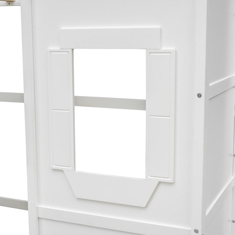 Wooden Twin Size House Shaped Loft Bed Frame with Ladder, White