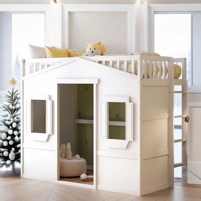 Wooden Twin Size House Shaped Loft Bed Frame with Ladder, White