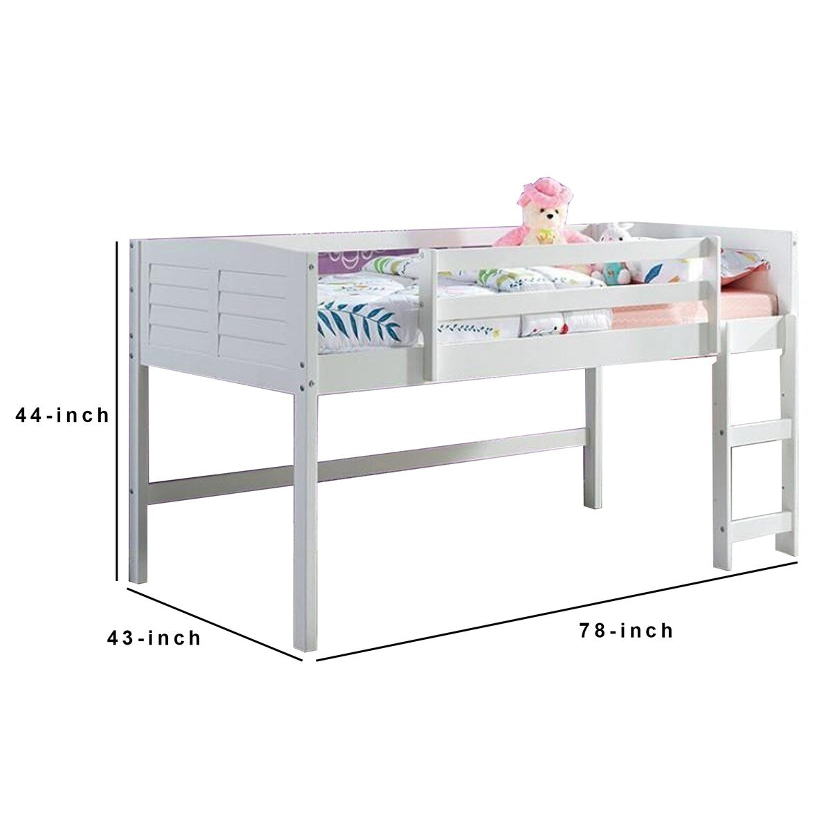 Wooden Twin Size Loft Bed with Shutter Design Headboard, White