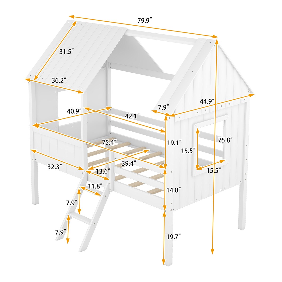 Wooden Twin Size Low Loft Bed Playhouse Bed with 2 Side Windows & Roof