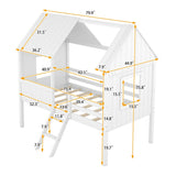Wooden Twin Size Low Loft Bed Playhouse Bed with 2 Side Windows & Roof