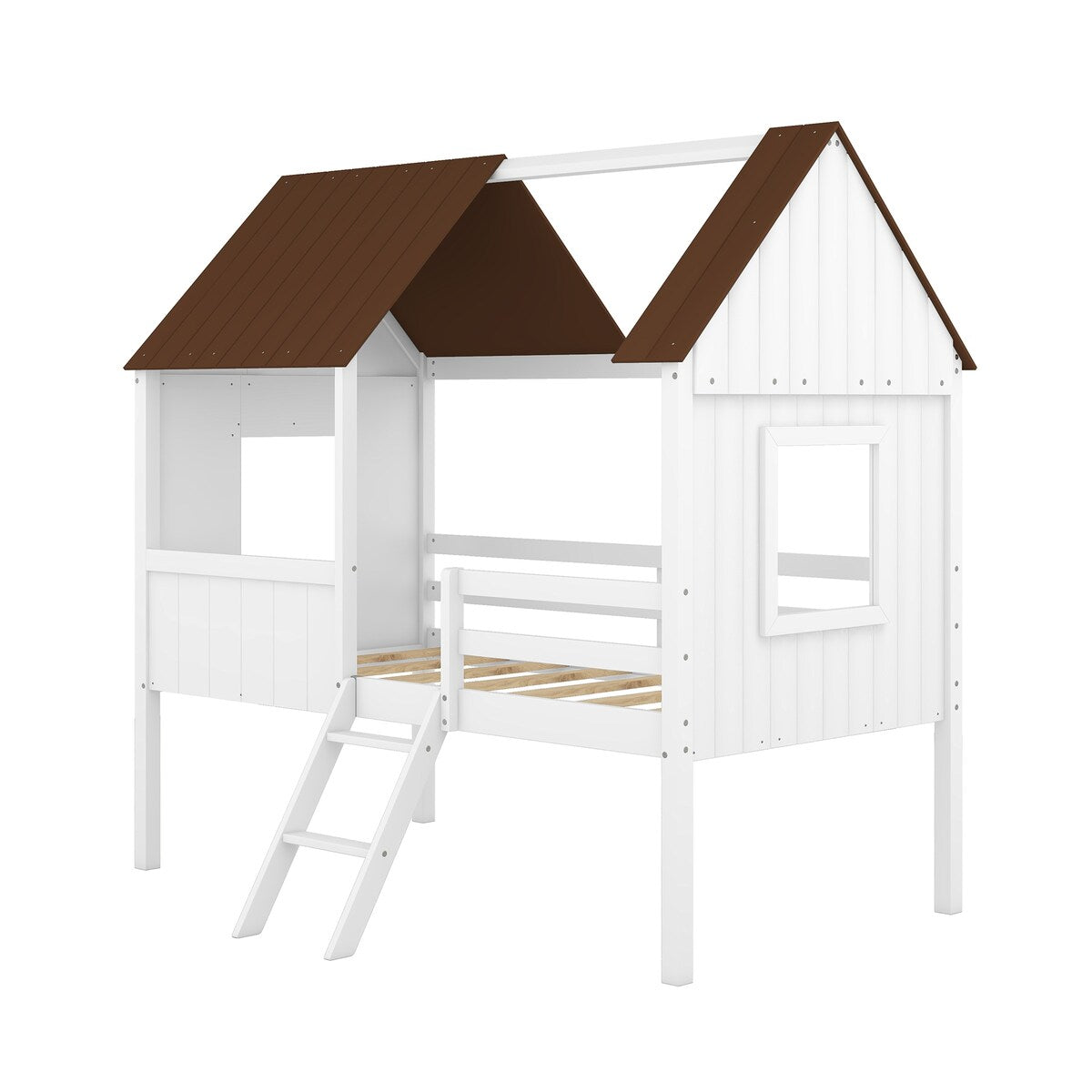 Wooden Twin Size Low Loft Bed Playhouse Bed with 2 Side Windows & Roof