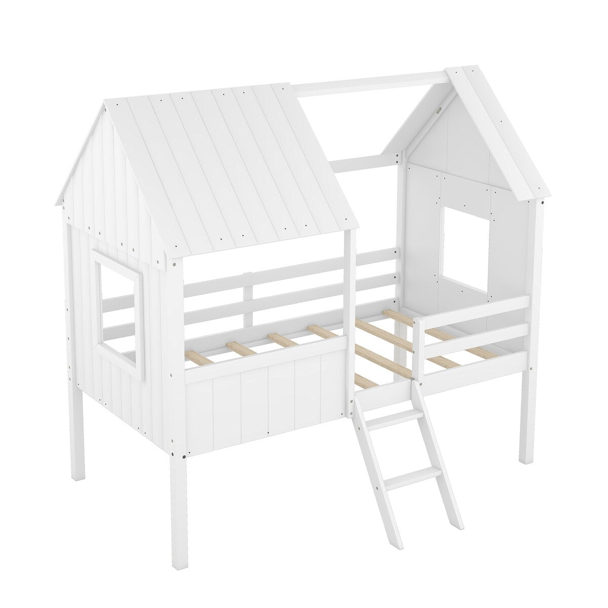 Wooden Twin Size Low Loft Bed Playhouse Bed with 2 Side Windows & Roof