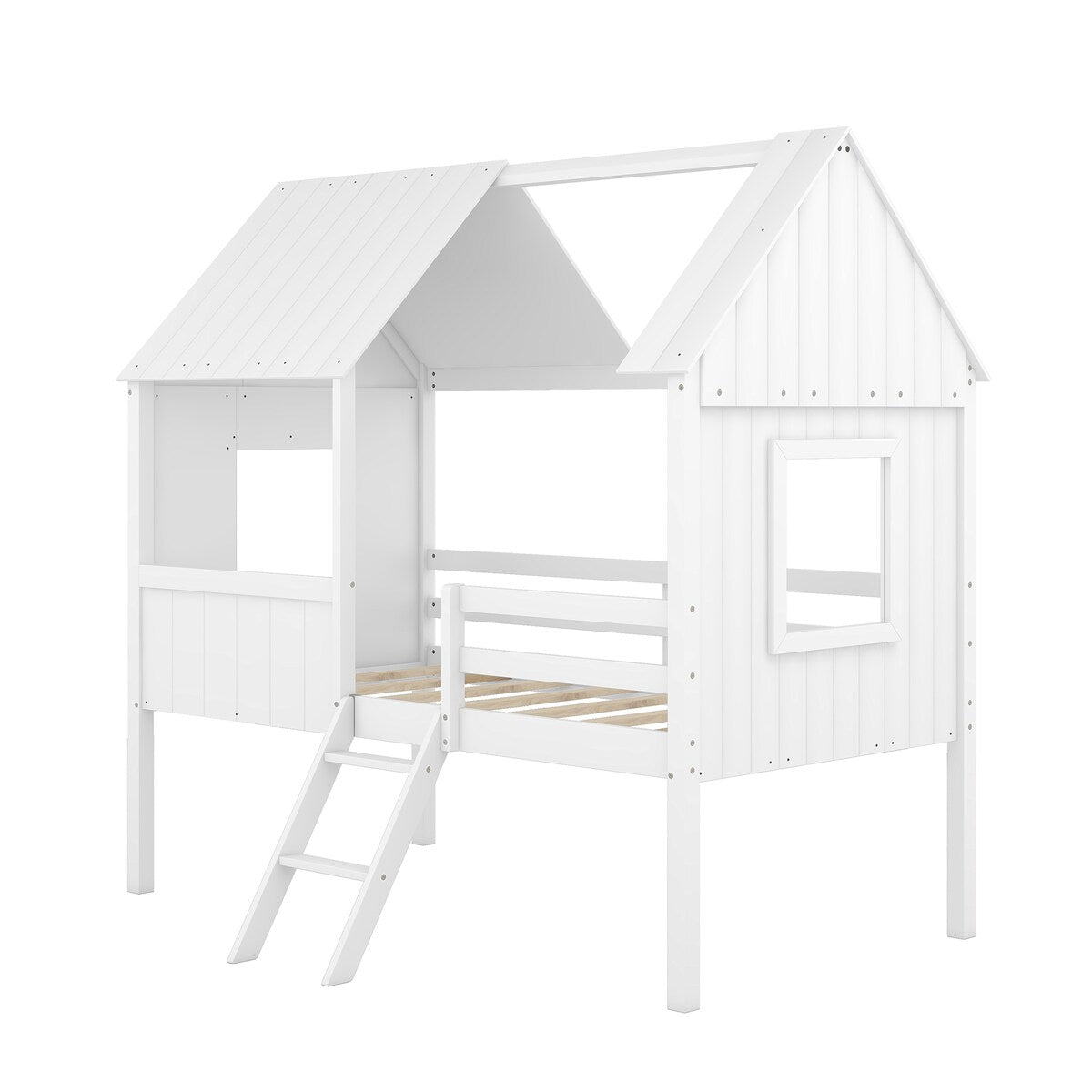 Wooden Twin Size Low Loft Bed Playhouse Bed with 2 Side Windows & Roof