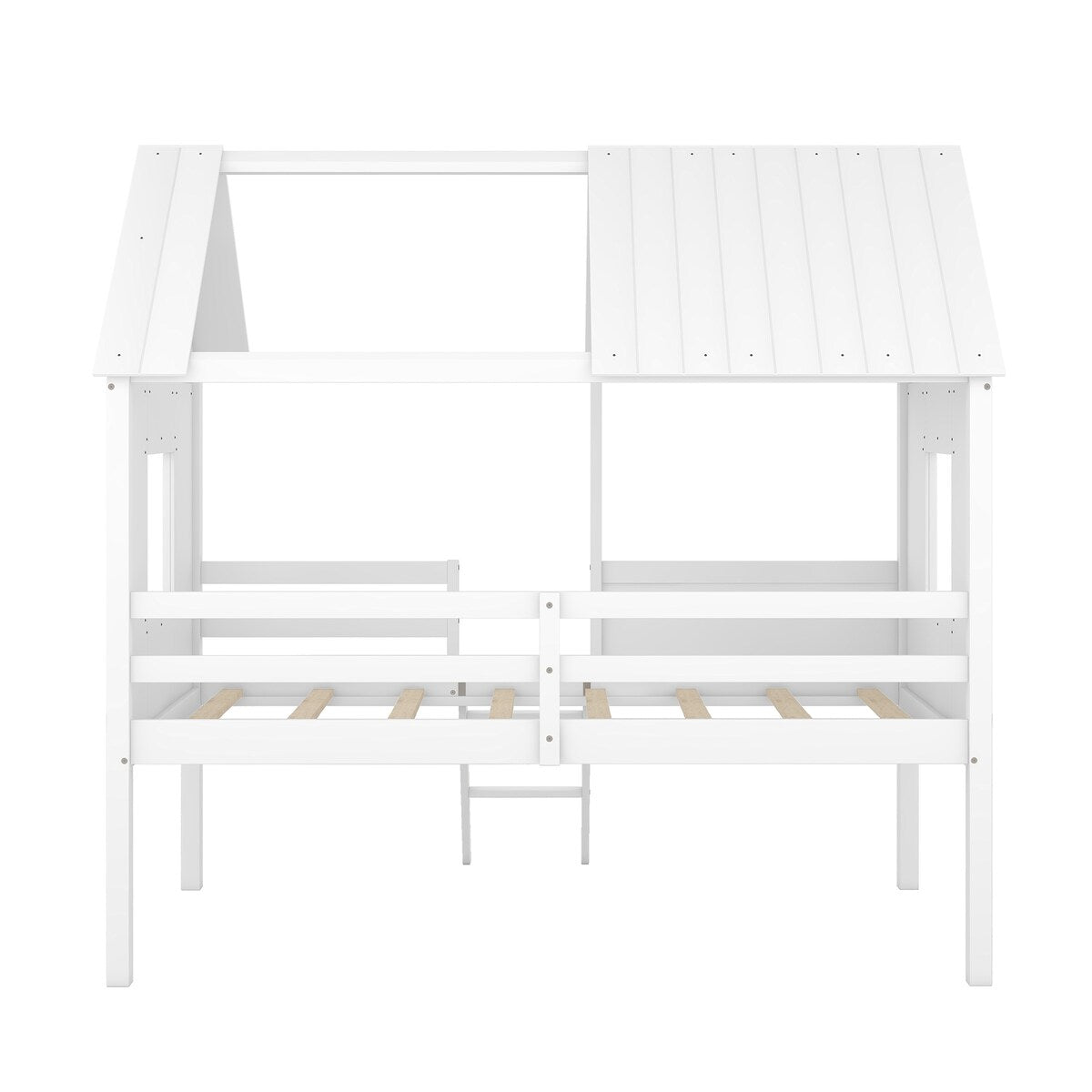 Wooden Twin Size Low Loft Bed Playhouse Bed with 2 Side Windows & Roof