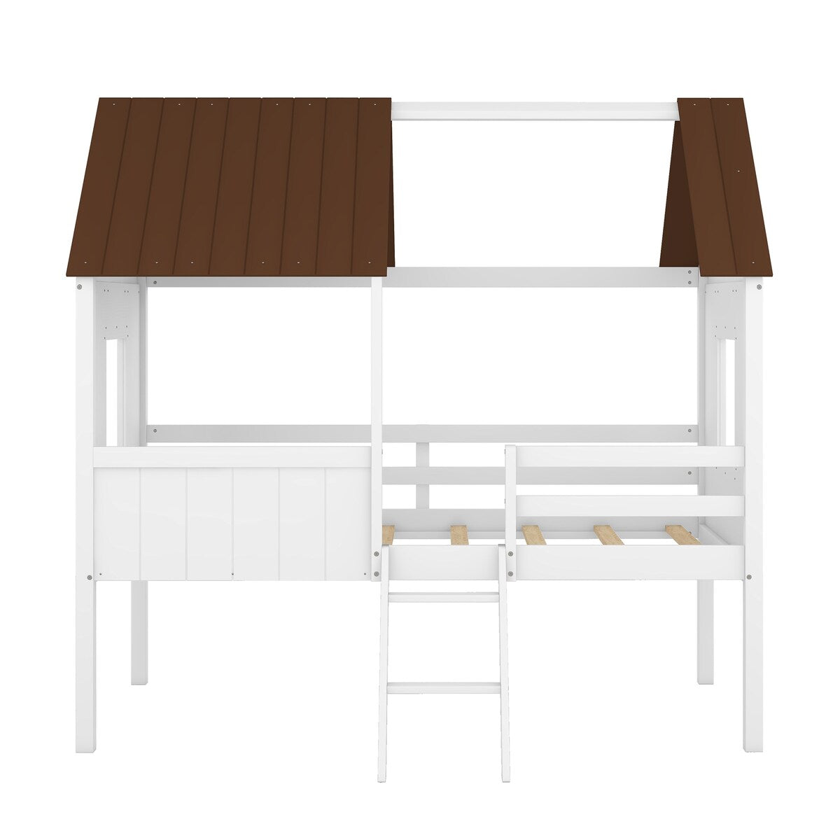Wooden Twin Size Low Loft Bed Playhouse Bed with 2 Side Windows & Roof