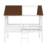 Wooden Twin Size Low Loft Bed Playhouse Bed with 2 Side Windows & Roof
