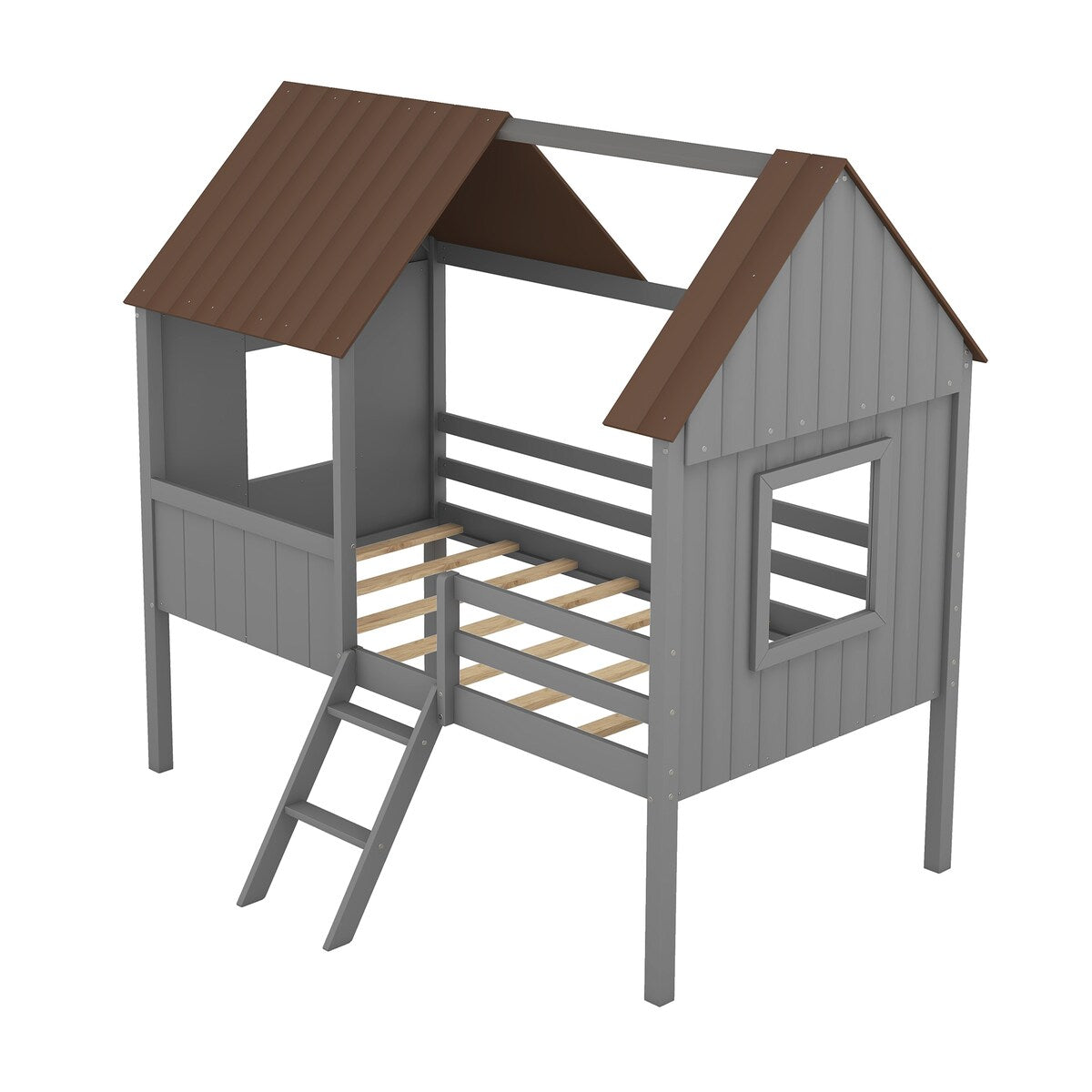 Wooden Twin Size Low Loft Bed Playhouse Bed with 2 Side Windows & Roof