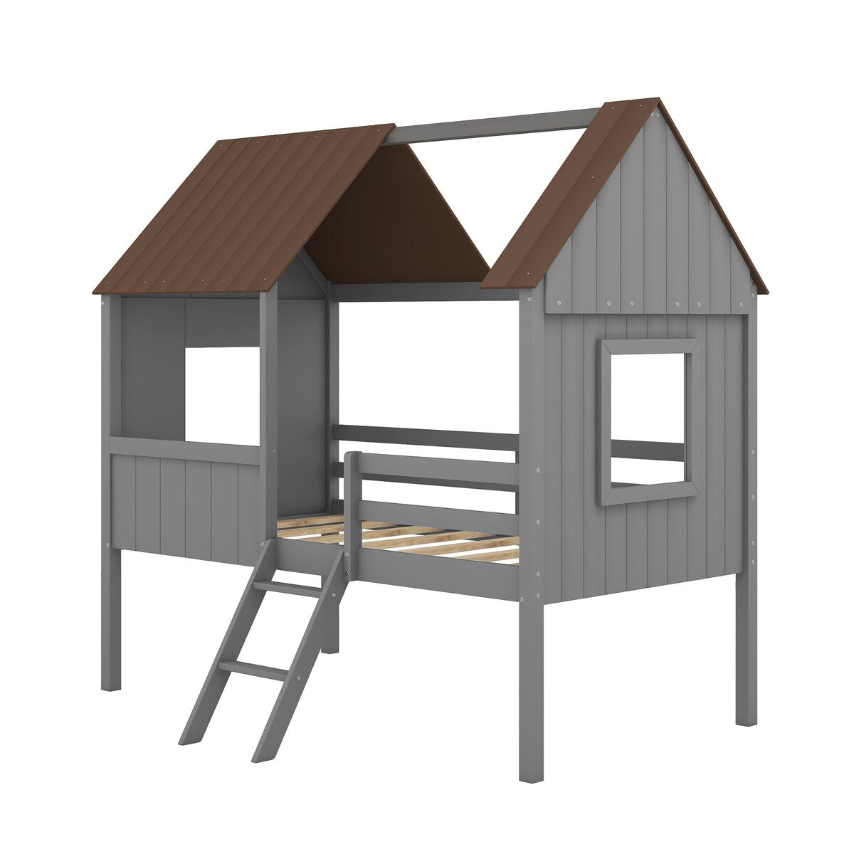Wooden Twin Size Low Loft Bed Playhouse Bed with 2 Side Windows & Roof