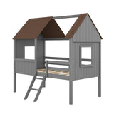 Wooden Twin Size Low Loft Bed Playhouse Bed with 2 Side Windows & Roof
