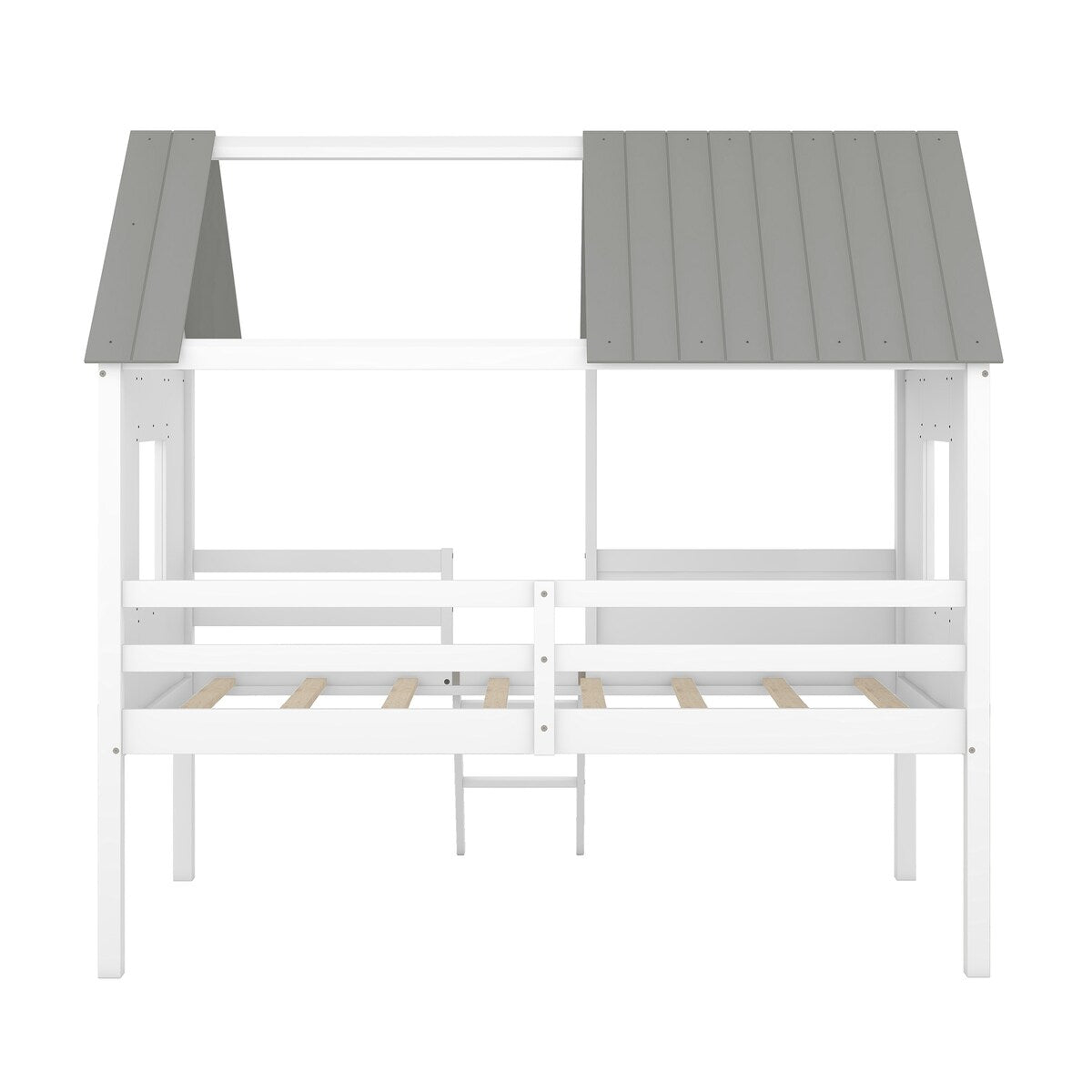 Wooden Twin Size Low Loft Bed Playhouse Bed with 2 Side Windows & Roof