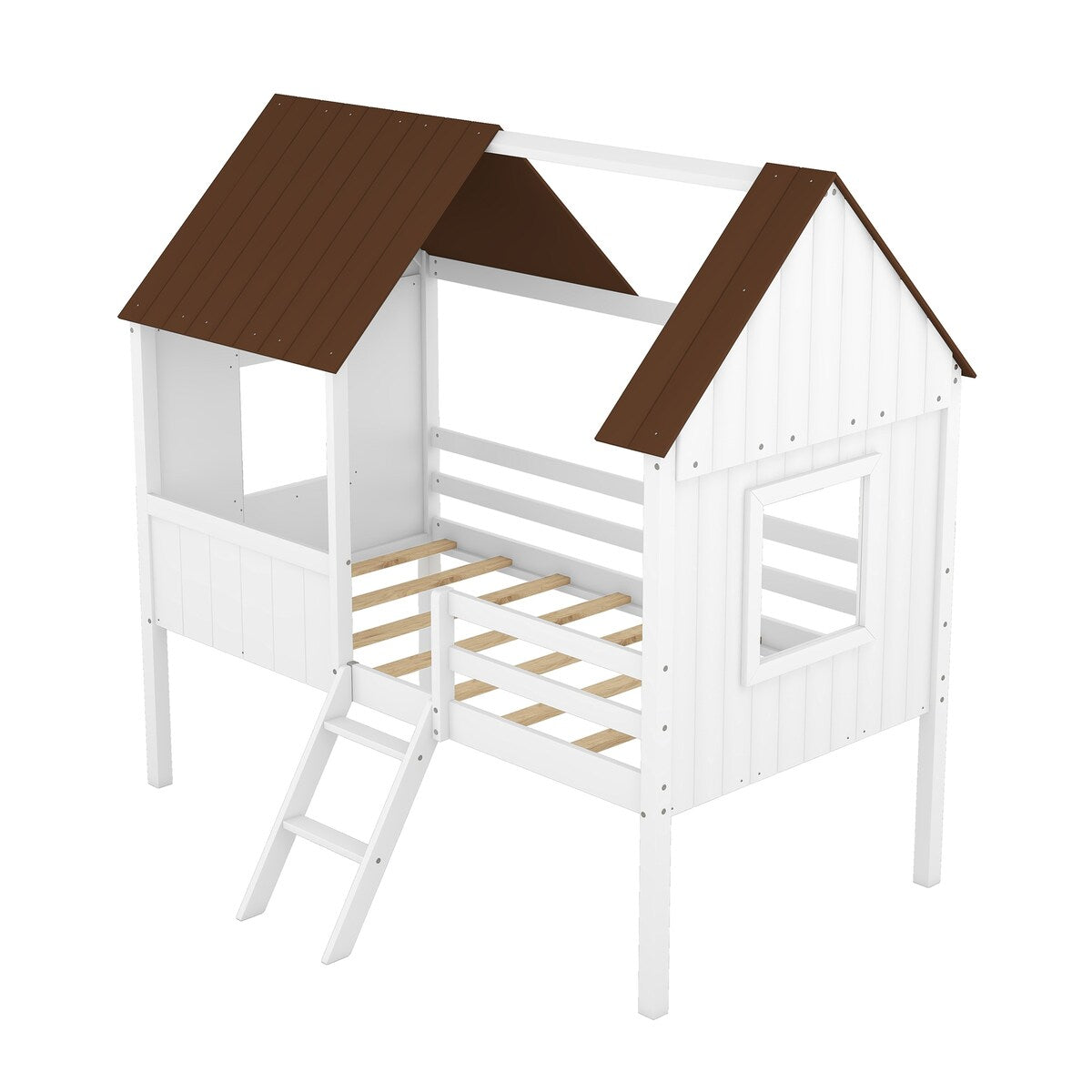 Wooden Twin Size Low Loft Bed Playhouse Bed with 2 Side Windows & Roof