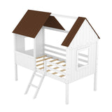 Wooden Twin Size Low Loft Bed Playhouse Bed with 2 Side Windows & Roof
