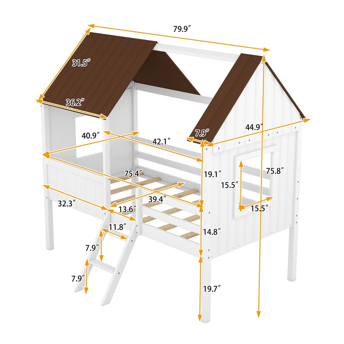 Wooden Twin Size Low Loft Bed Playhouse Bed with 2 Side Windows & Roof
