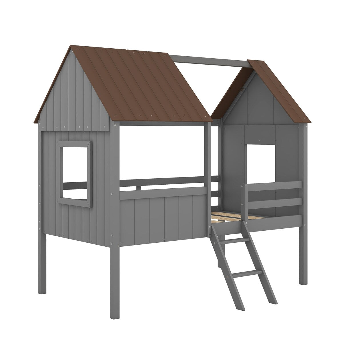 Wooden Twin Size Low Loft Bed Playhouse Bed with 2 Side Windows & Roof