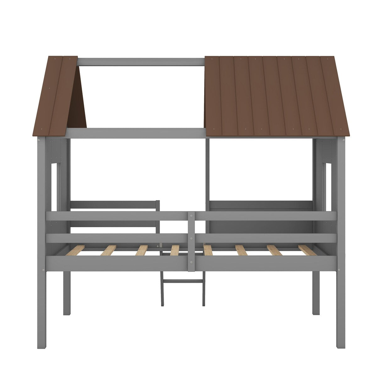 Wooden Twin Size Low Loft Bed Playhouse Bed with 2 Side Windows & Roof