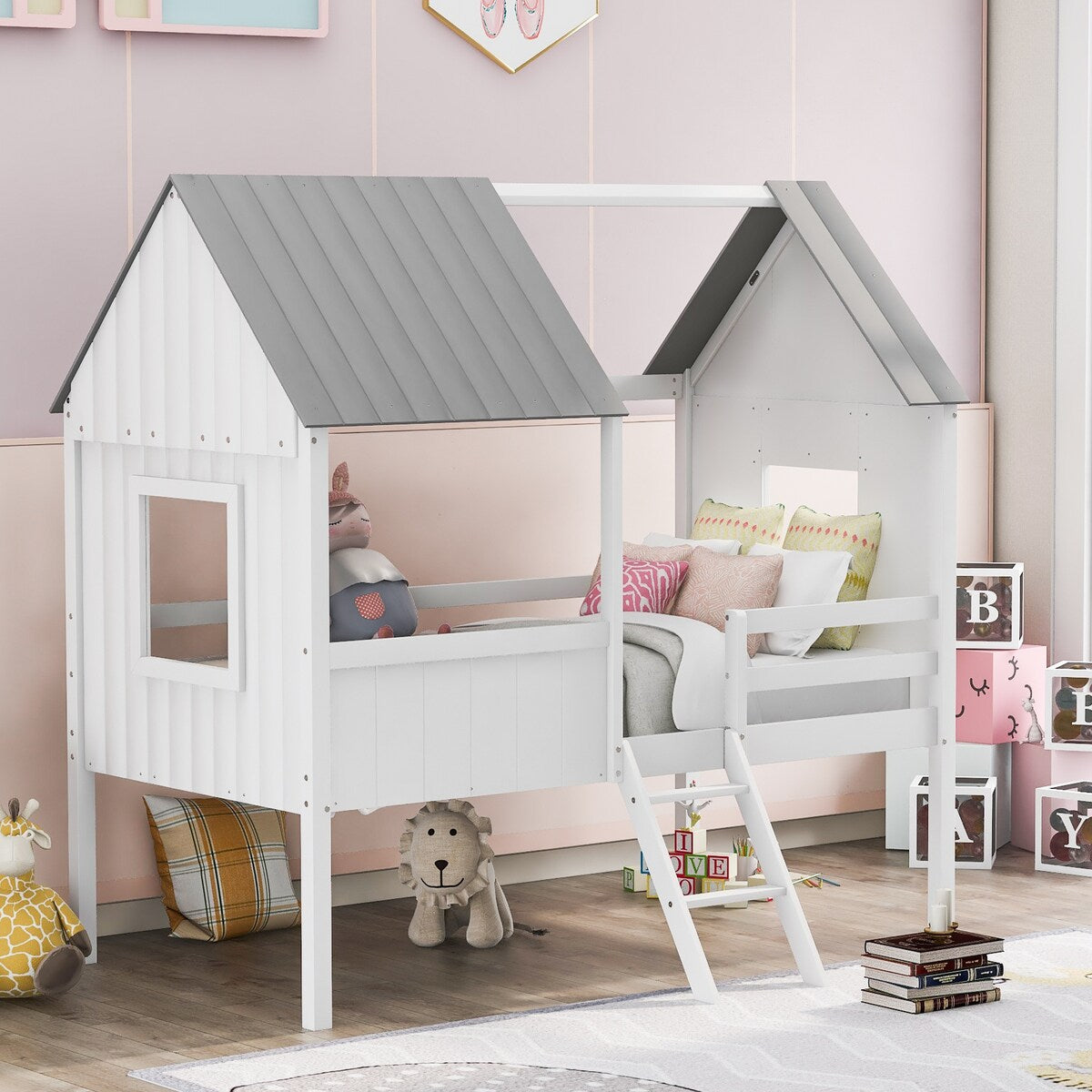 Wooden Twin Size Low Loft Bed Playhouse Bed with 2 Side Windows & Roof