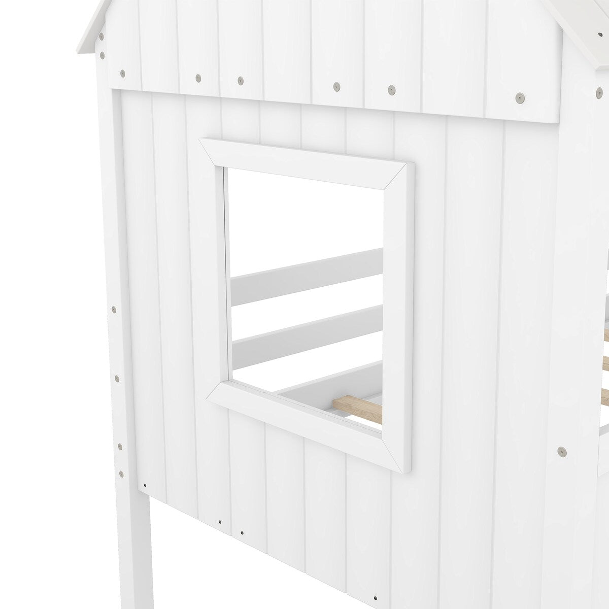 Wooden Twin Size Low Loft Bed Playhouse Bed with 2 Side Windows & Roof