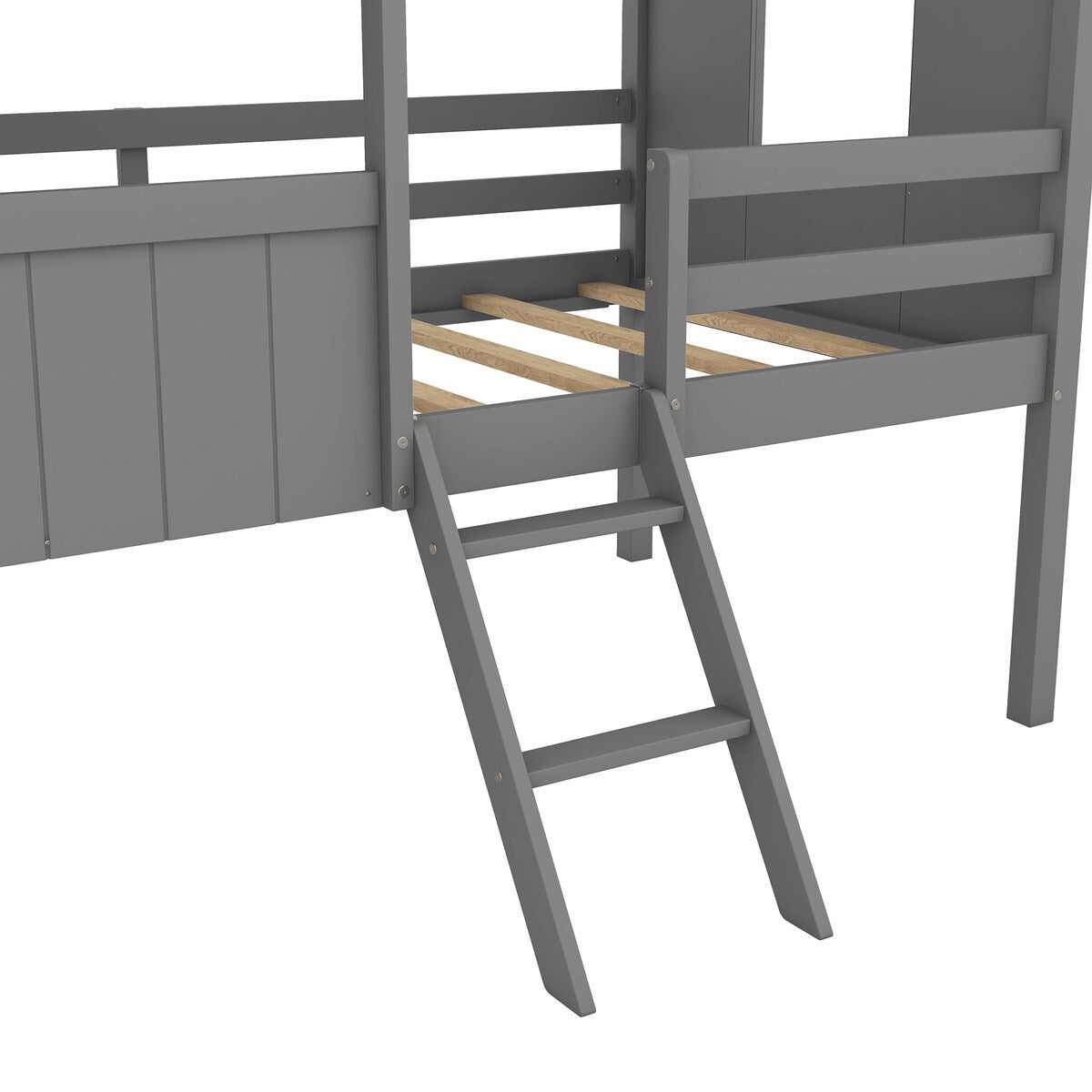 Wooden Twin Size Low Loft Bed Playhouse Bed with 2 Side Windows & Roof
