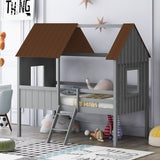 Wooden Twin Size Low Loft Bed Playhouse Bed with 2 Side Windows & Roof