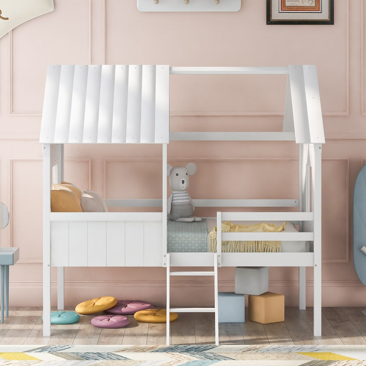 Wooden Twin Size Low Loft Bed Playhouse Bed with 2 Side Windows & Roof
