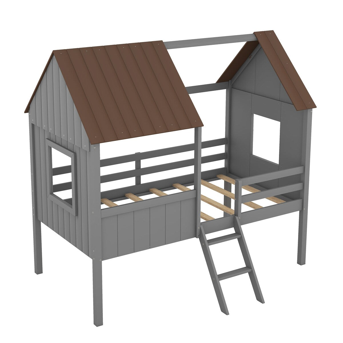 Wooden Twin Size Low Loft Bed Playhouse Bed with 2 Side Windows & Roof