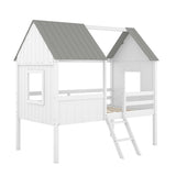 Wooden Twin Size Low Loft Bed Playhouse Bed with 2 Side Windows & Roof