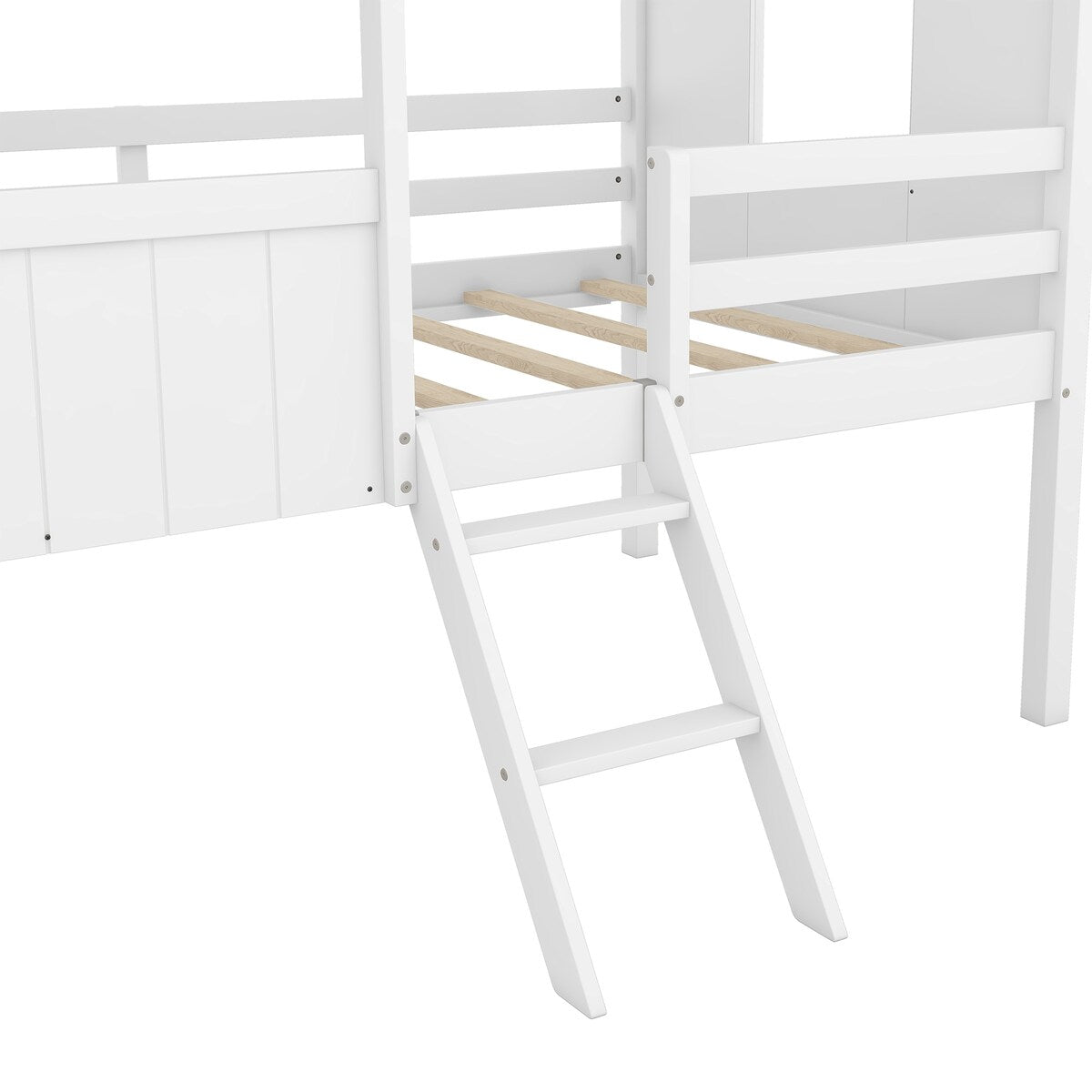 Wooden Twin Size Low Loft Bed Playhouse Bed with 2 Side Windows & Roof