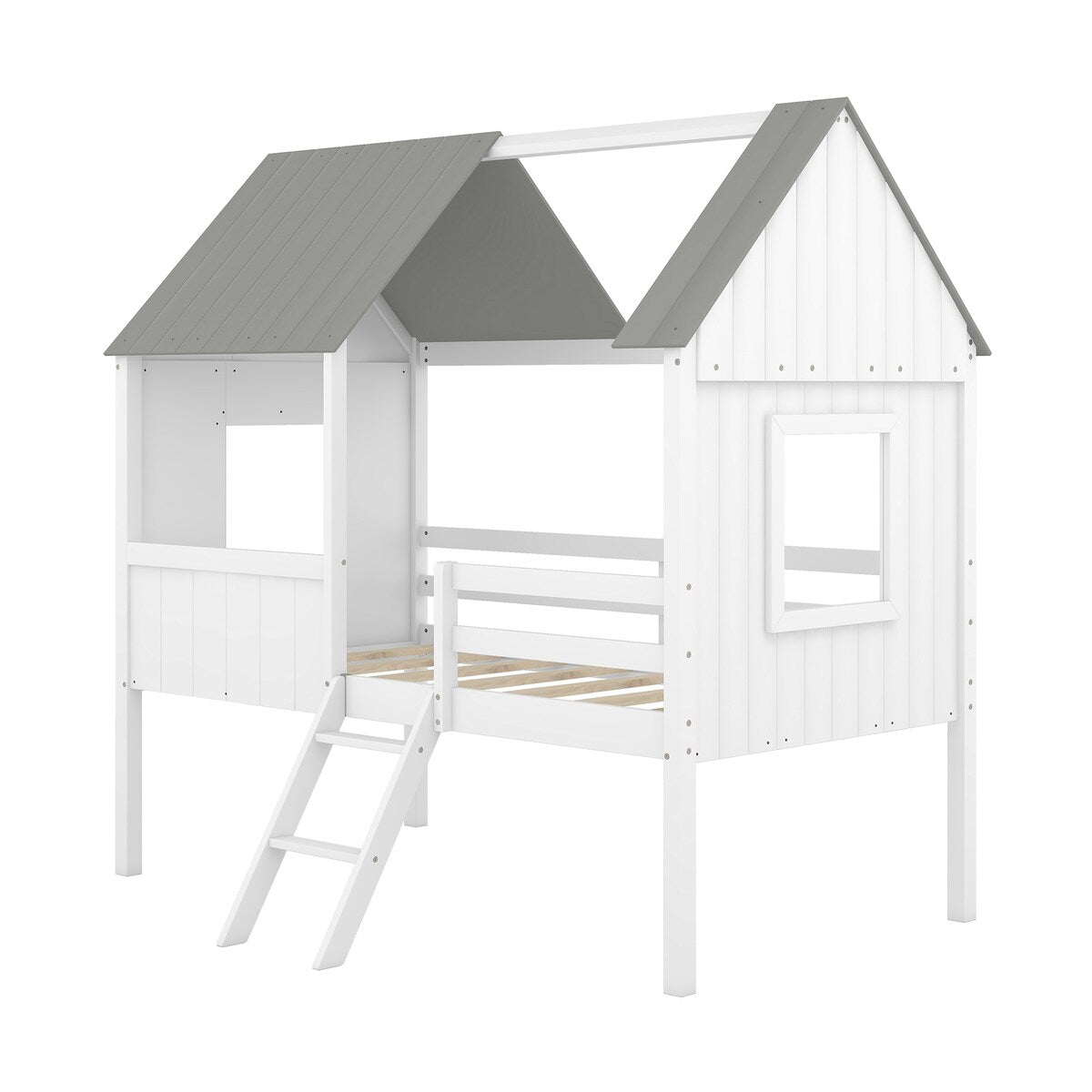 Wooden Twin Size Low Loft Bed Playhouse Bed with 2 Side Windows & Roof