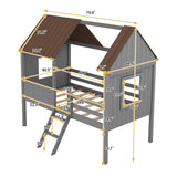 Wooden Twin Size Low Loft Bed Playhouse Bed with 2 Side Windows & Roof