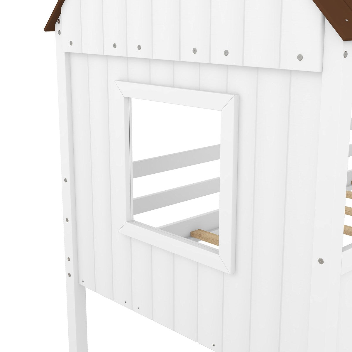 Wooden Twin Size Low Loft Bed Playhouse Bed with 2 Side Windows & Roof
